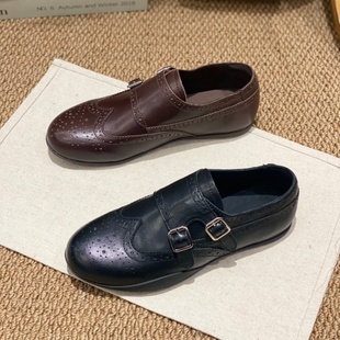 休闲单鞋 2025冬季 女皮带扣乐福鞋 英伦风布洛克雕花小皮鞋 防滑 新款