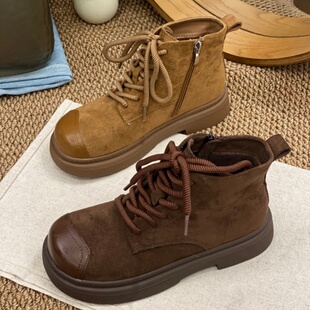 2025秋冬款加绒马丁靴女系带短靴英伦风翻毛皮侧拉链厚底工装靴女