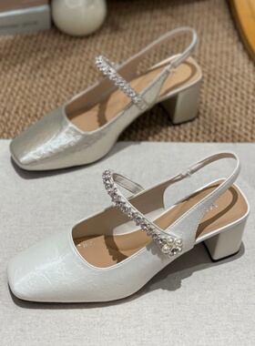 法式水钻方头玛丽珍单鞋女2026春季新款高级感深口粗跟气质百搭女