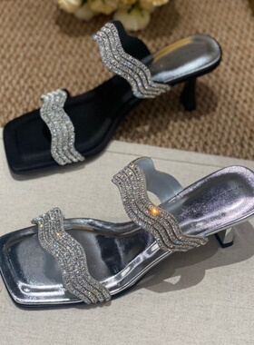 水钻一字拖女2026夏季凉拖鞋细跟高跟外穿拖鞋高级感气质凉拖女款