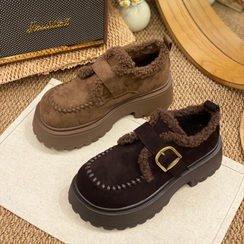 加绒厚底勃肯鞋女2025冬季新款反绒皮带扣一脚蹬保暖百搭休闲鞋女