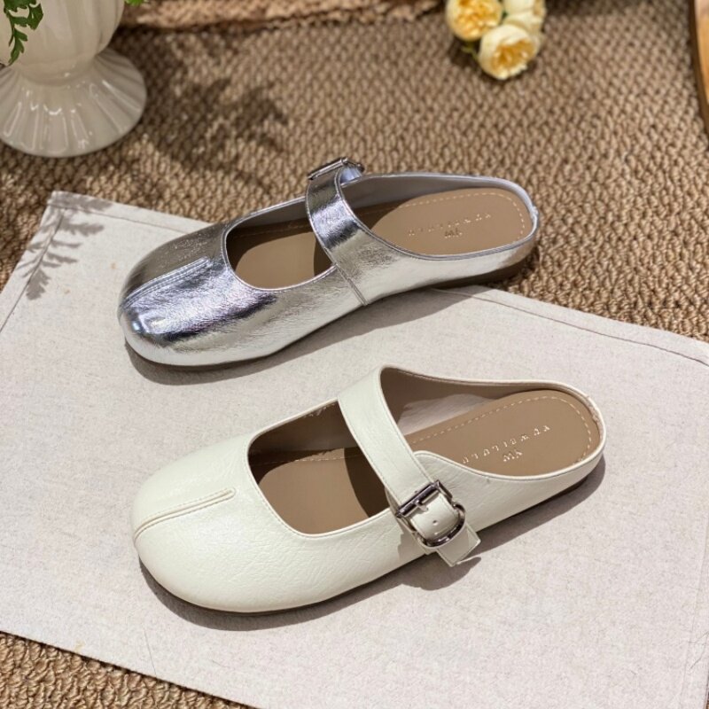 休闲风一脚蹬乐福鞋女2026夏新款简约粗跟尖头金属扣带百搭单鞋女