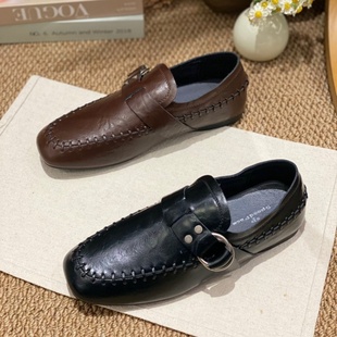 2026春季爆款英伦风真皮编织皮带扣乐福鞋女粗跟一脚蹬休闲单鞋女