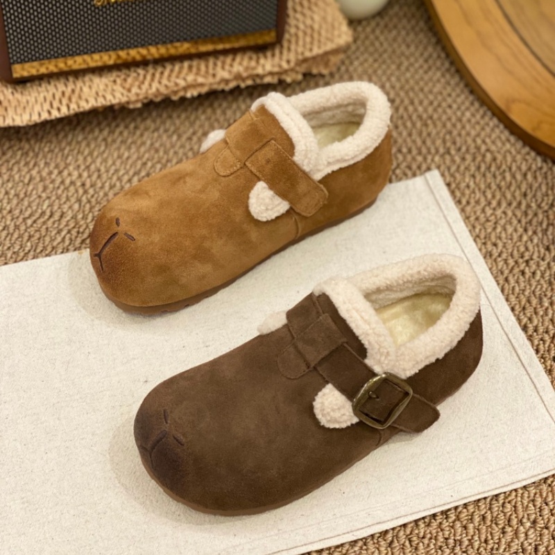 加绒勃肯鞋女2025冬季新款磨砂皮圆头平底保暖毛绒内里羊羔毛单鞋
