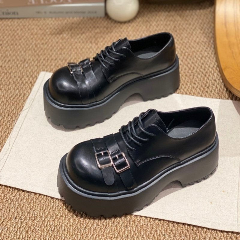 真皮厚底乐福鞋女2026春季新款低跟粗跟黑色皮带扣系带增高单鞋女,女鞋,深口单鞋,淘宝优惠券,粉丝福利购,淘宝优惠卷