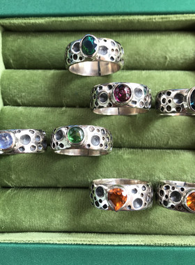 尼泊尔手工个性陨石臂brandy黄水晶欧泊碧玺蓝托帕月光925银戒指