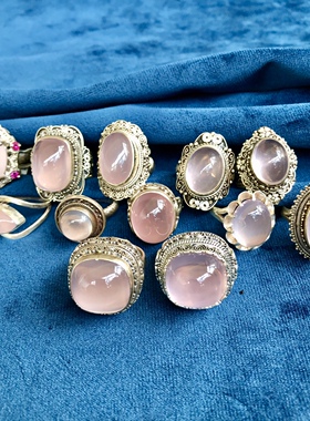 尼泊尔手工纯银粉水晶戒指