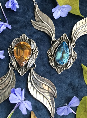 凉玥 冰与火之歌925纯银深邃蓝托帕石帝王黄水晶情侣项链可调节