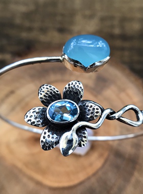 凉玥珠宝 人与自然系列之花仙子 尼泊尔手工天然宝石925纯银手镯