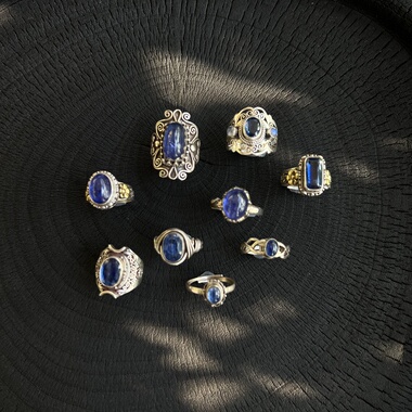 凉玥 尼泊尔手工复古宫廷风925纯银天然蓝晶石坦桑石戒指开口可调