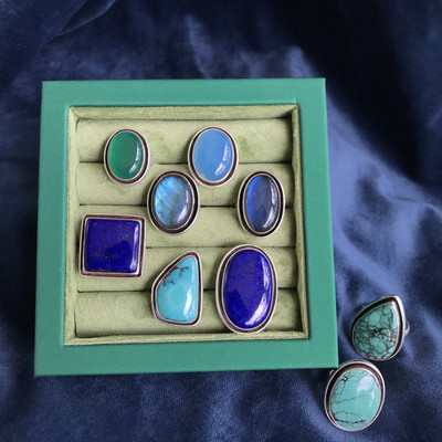 凉玥 尼泊尔手工925纯银青金石绿松石拉长石玛瑙戒指可调家人礼物