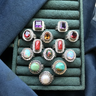 凉玥 尼泊尔手工树叶边绿松珍珠紫水晶黄水晶黑白欧泊925纯银戒指