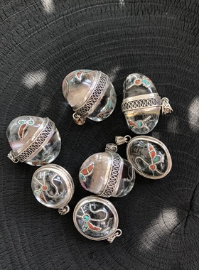 凉玥 尼泊尔手工古朴个性风925纯银天然白水晶绿松石补丁项链吊坠