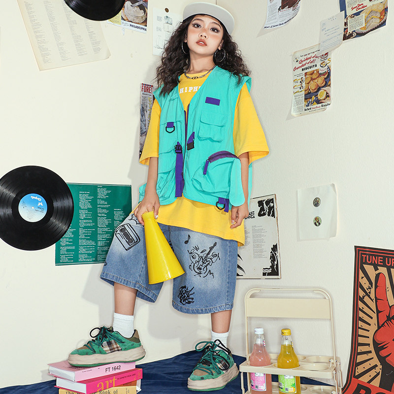 街舞儿童潮服嘻哈重磅T恤工装马甲套装男孩少儿hiphop表演出服女