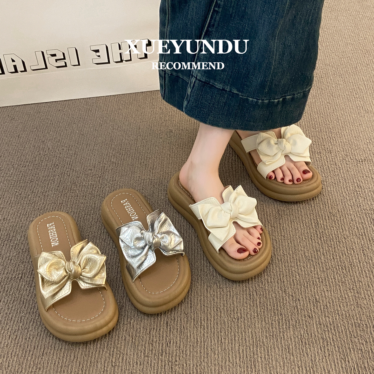 品牌绝美白色凉拖鞋女夏外穿2025新款配裙子沙滩凉鞋厚底蝴蝶结一