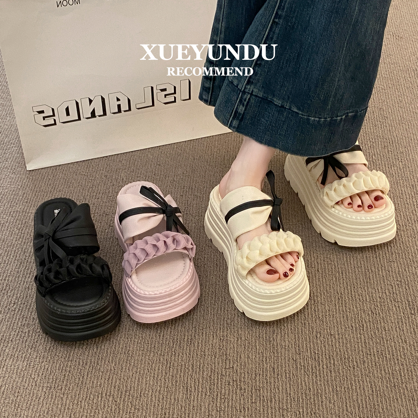 品牌厚底拖鞋女2025新款夏季海边沙滩外穿一字拖配裙子蝴蝶结凉拖