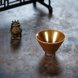 宜兴龙德堂陶艺 范泽锋烧 金丝玉毫天目盏-斗笠（金色）约110cc