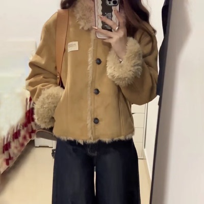 复古加绒加厚麂皮棉衣外套女冬季2025新款小个子翻领保暖短款上衣
