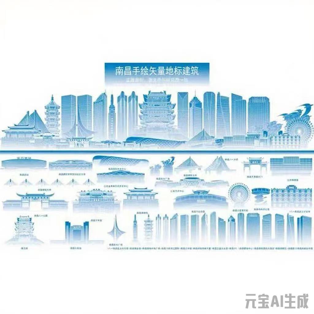中国江西南昌地标建筑南昌城市手绘插画剪影景点AI矢量图素材
