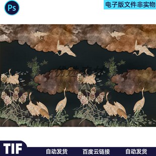 仙鹤湖泊装饰画电视背景墙山湖墅与湖溪谷麓湖印象画百鸟朝凤素材