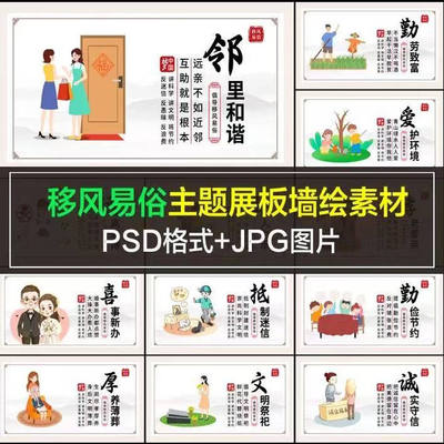 H193新农村移风易俗讲文明树新风文明乡村展板墙手绘PSD广告素材