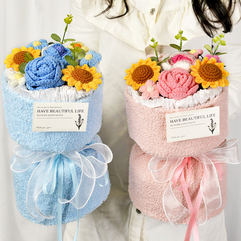 手工向日葵毛线花束针织花小香风成品生日礼物送女友爱人老婆礼袋
