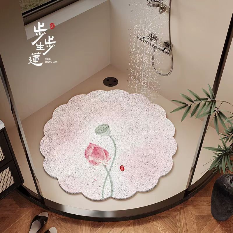 新中式圆形荷花皮革防水浴室防滑垫卫生间丝圈地垫淋浴房洗澡家用