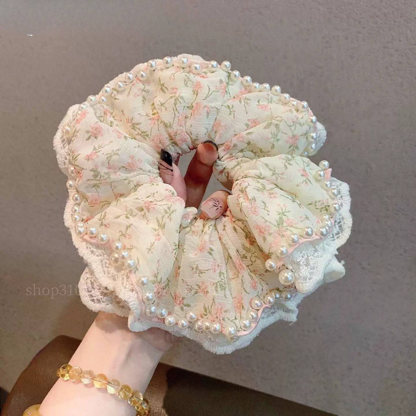 韩系清新小碎花发圈双层蕾丝大肠发圈春夏温柔风通勤盘发头花发饰