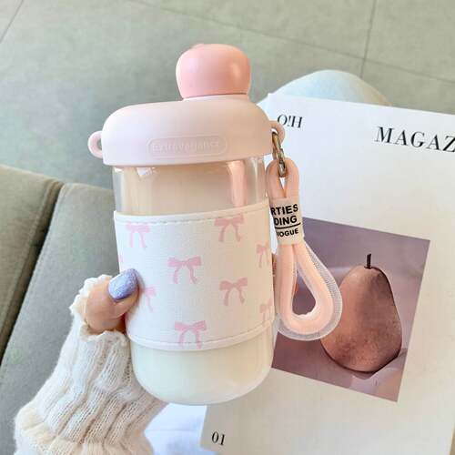 蝴蝶结水杯带吸管咖啡牛奶随手玻璃杯高颜值孕妇水杯子