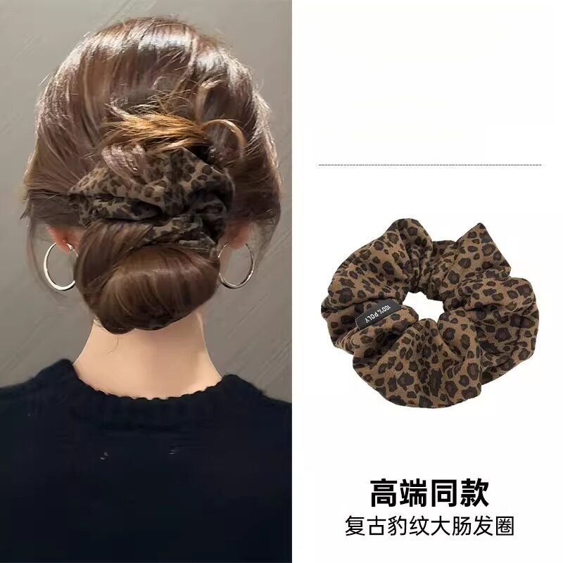 复古豹纹大肠发圈女高级感2026新款韩系春夏后脑勺丸子头发绳头花图片