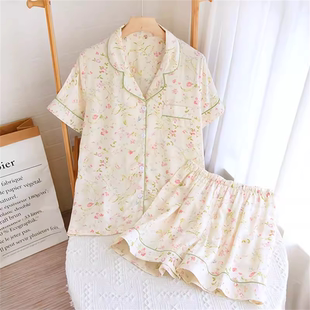 短裤 人棉家居服 薄款 开衫 夏季 大码 套装 纯棉绸睡衣女人造棉短袖 新款