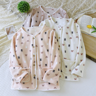 秋冬法兰绒开衫睡衣女加厚保暖家居服珊瑚绒单件上衣宽松大码外穿