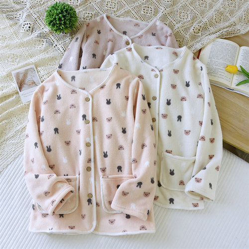 秋冬季法兰绒开衫睡衣女加厚保暖