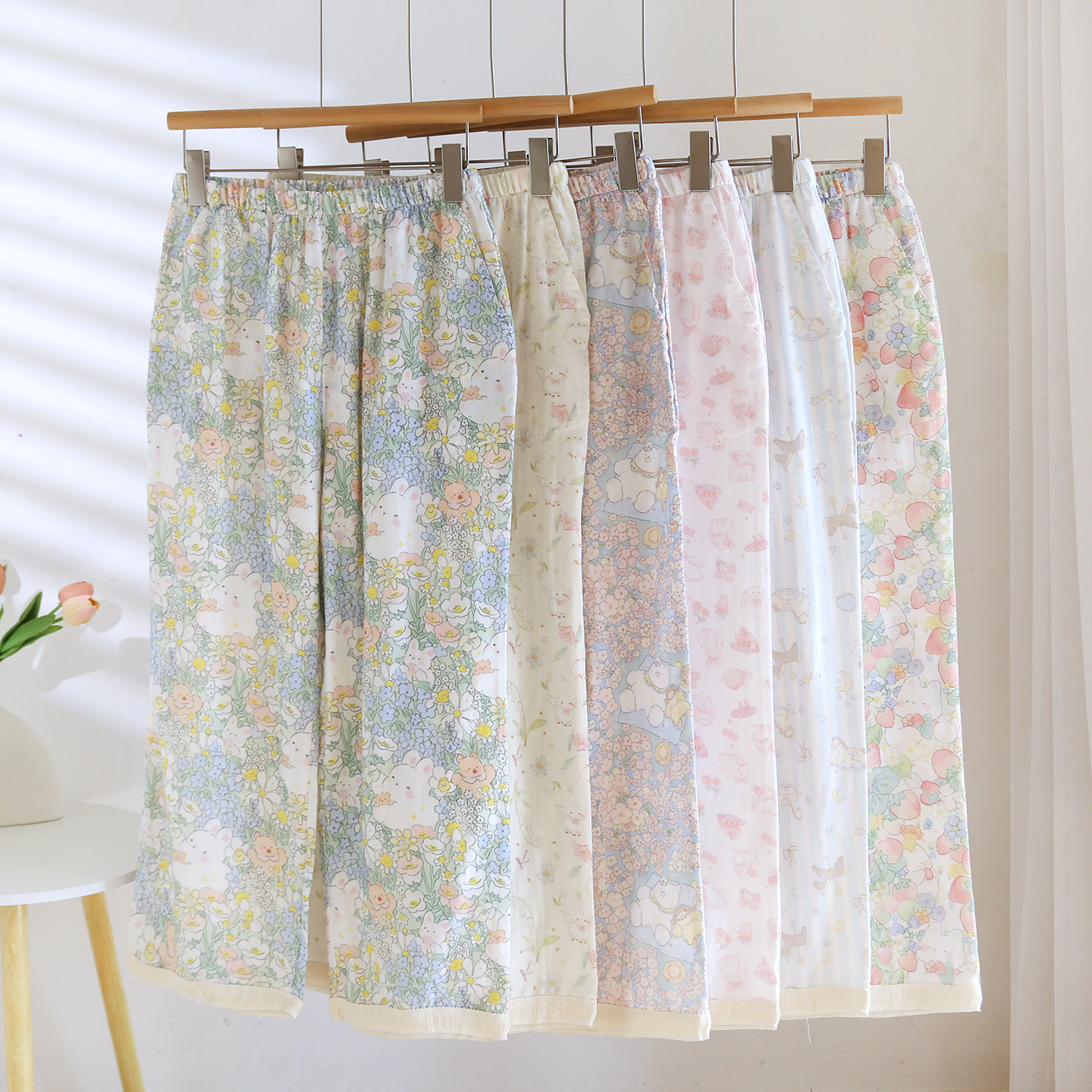 纯棉流苏花边女睡裤春秋夏季带口袋宽松可外穿简约直筒九分家居裤