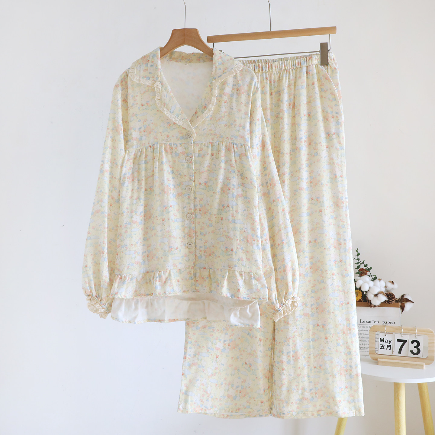 100%全棉双层棉纱春秋薄纯棉女睡衣夏天家居服宽松舒适甜美可外穿