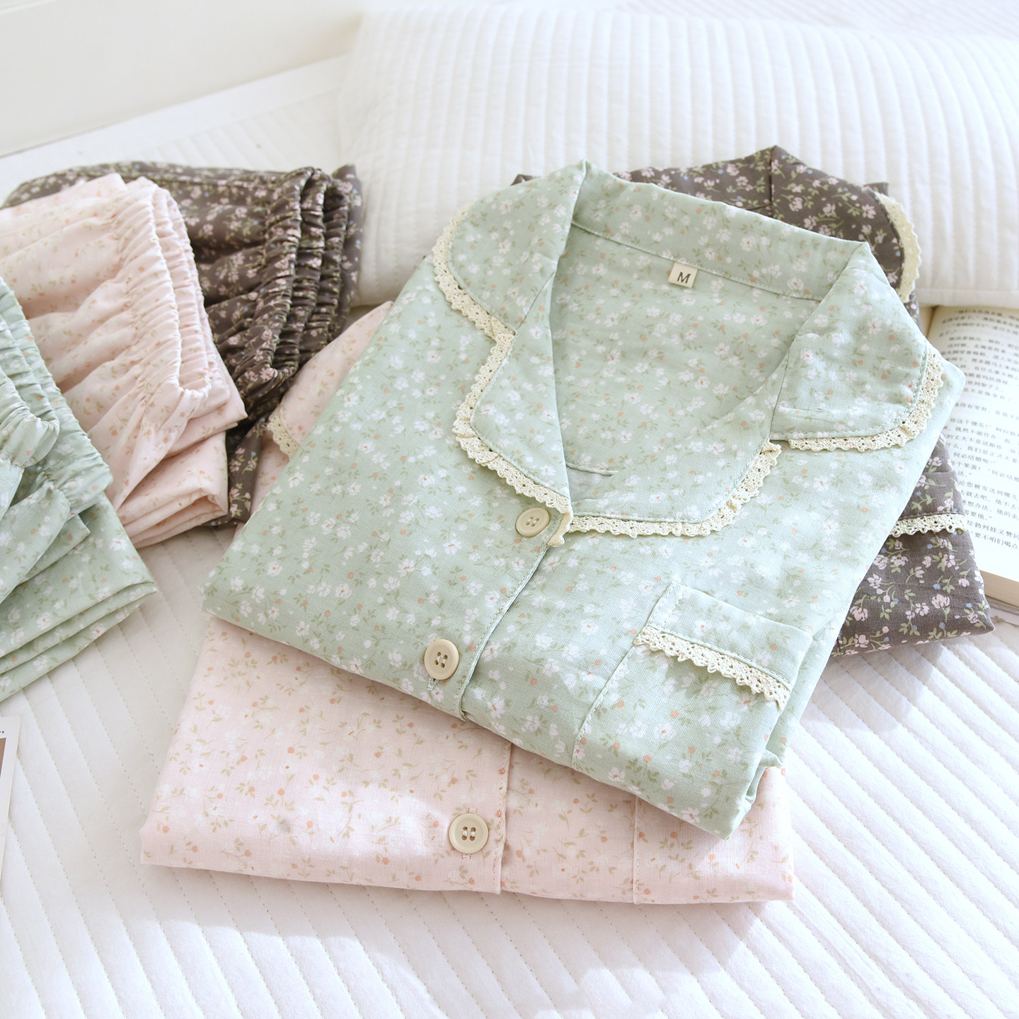 春夏季薄款纯棉纱布女甜美睡衣家居服全棉双层棉纱宽松舒适可外穿