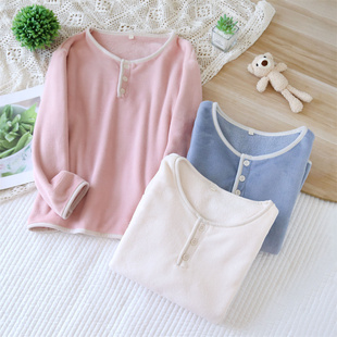 法兰绒套头睡衣秋冬季女加厚保暖家居服珊瑚绒上衣宽松大码可外穿