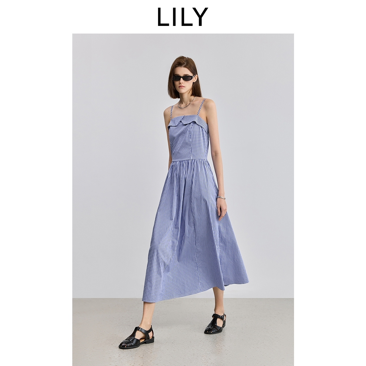 【航海系】LILY2025夏新款设计感度假风格纹褶皱收腰吊带连衣裙