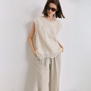 女短款 LILY2025夏新款 圆领套头衫 镂空蕾丝绣花短袖 上衣 复古法式