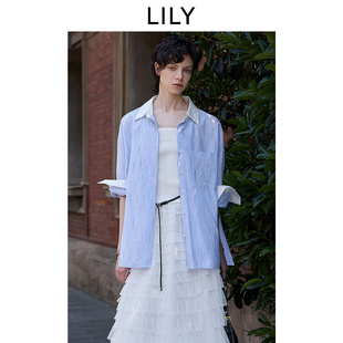 LILY25春新款 女 设计感撞色竹节条纹衬衣纯棉宽松通勤气质蓝色衬衫
