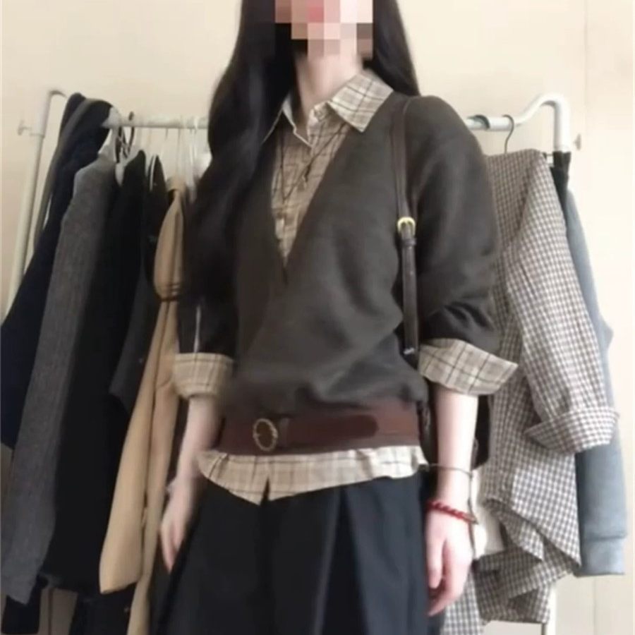 美式拼接格纹领假两件针