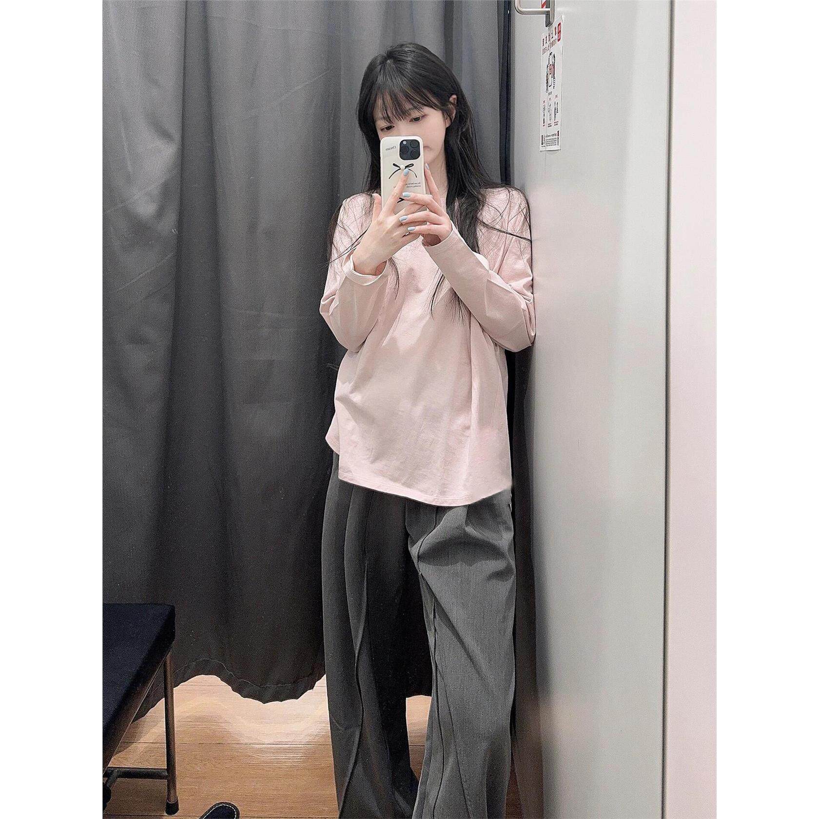 粉色纯棉长袖t恤女宽松薄