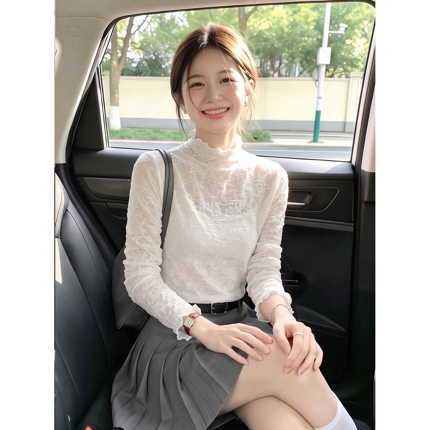 米白色蕾丝提花半高领长