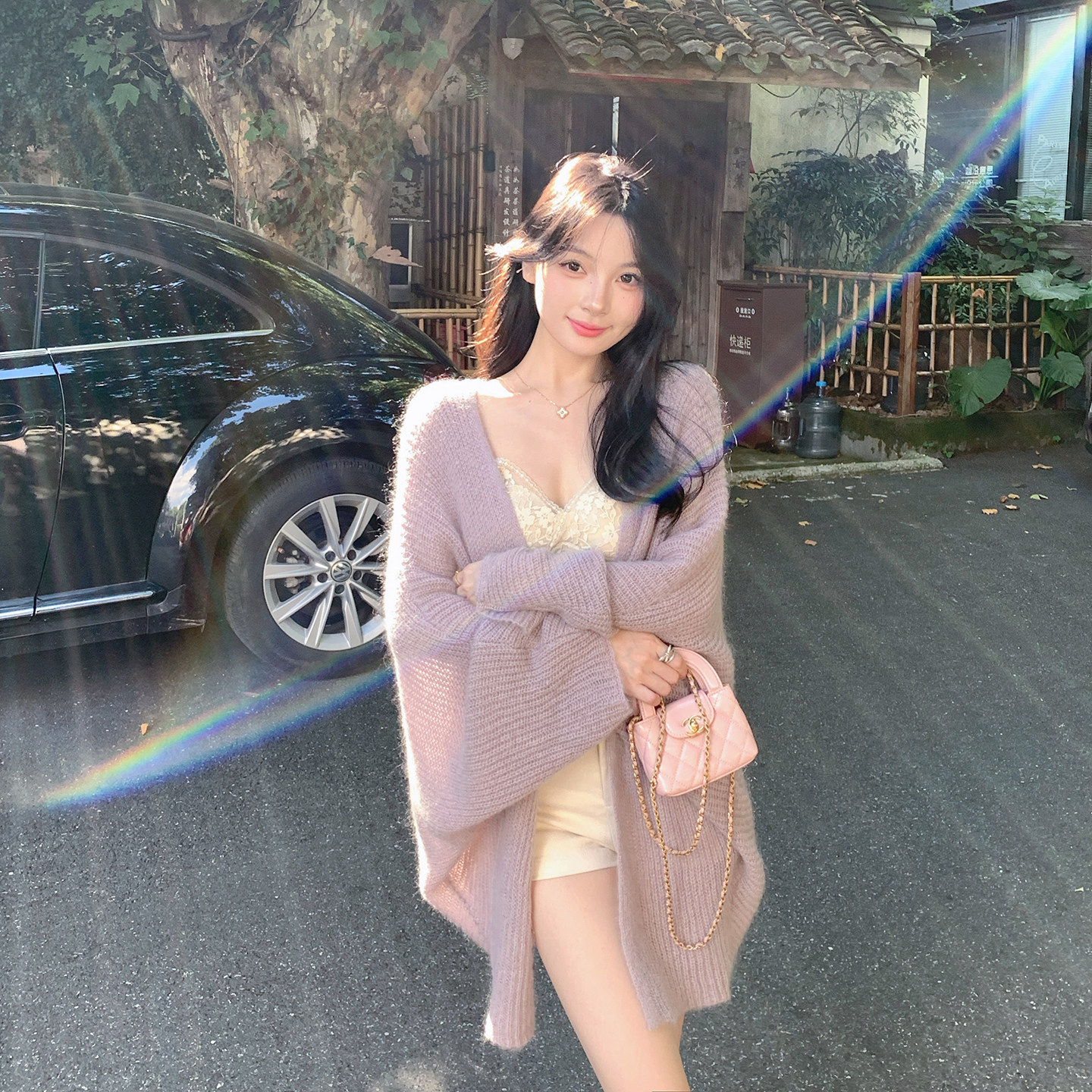 紫色马海毛针织开衫女春
