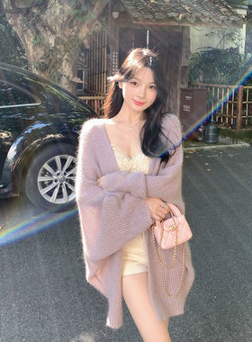 紫色马海毛针织开衫女春