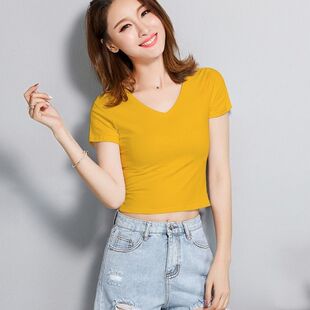 短袖短款t恤女夏白色露脐上衣紧身显瘦V领黑色韩版高腰性感漏肚脐