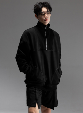 SANGWOO 22.FW 拉链翻领套头卫衣设计感落肩宽松翼形插袋嵌条卫衣