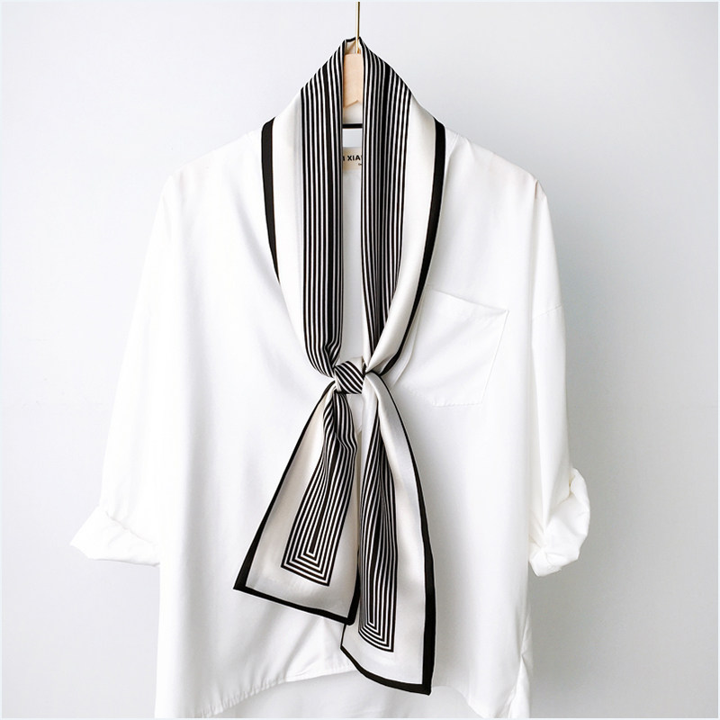 一见倾心简约黑白色系丝巾小长条女百搭春秋职业装饰领巾薄款围巾