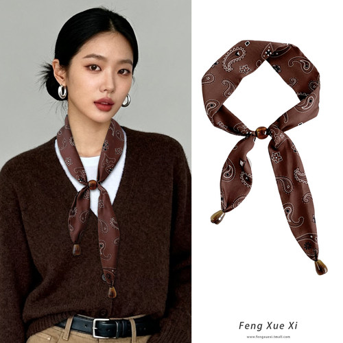 咖色腰果复古秋季长条丝巾女飘带