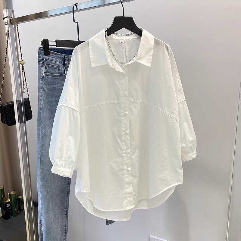 纯棉白衬衫女宽松2023新款韩版慵懒风BF长袖蝙蝠衫休闲大码Polo衫